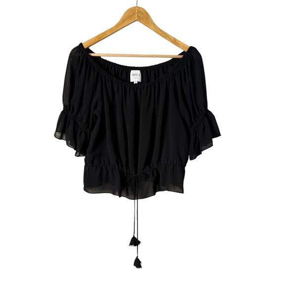Misa Los Angeles Black Blouse Ruffle Sleeves Tie Waist On-or-Off-the-Shoulder, S - Picture 1 of 10